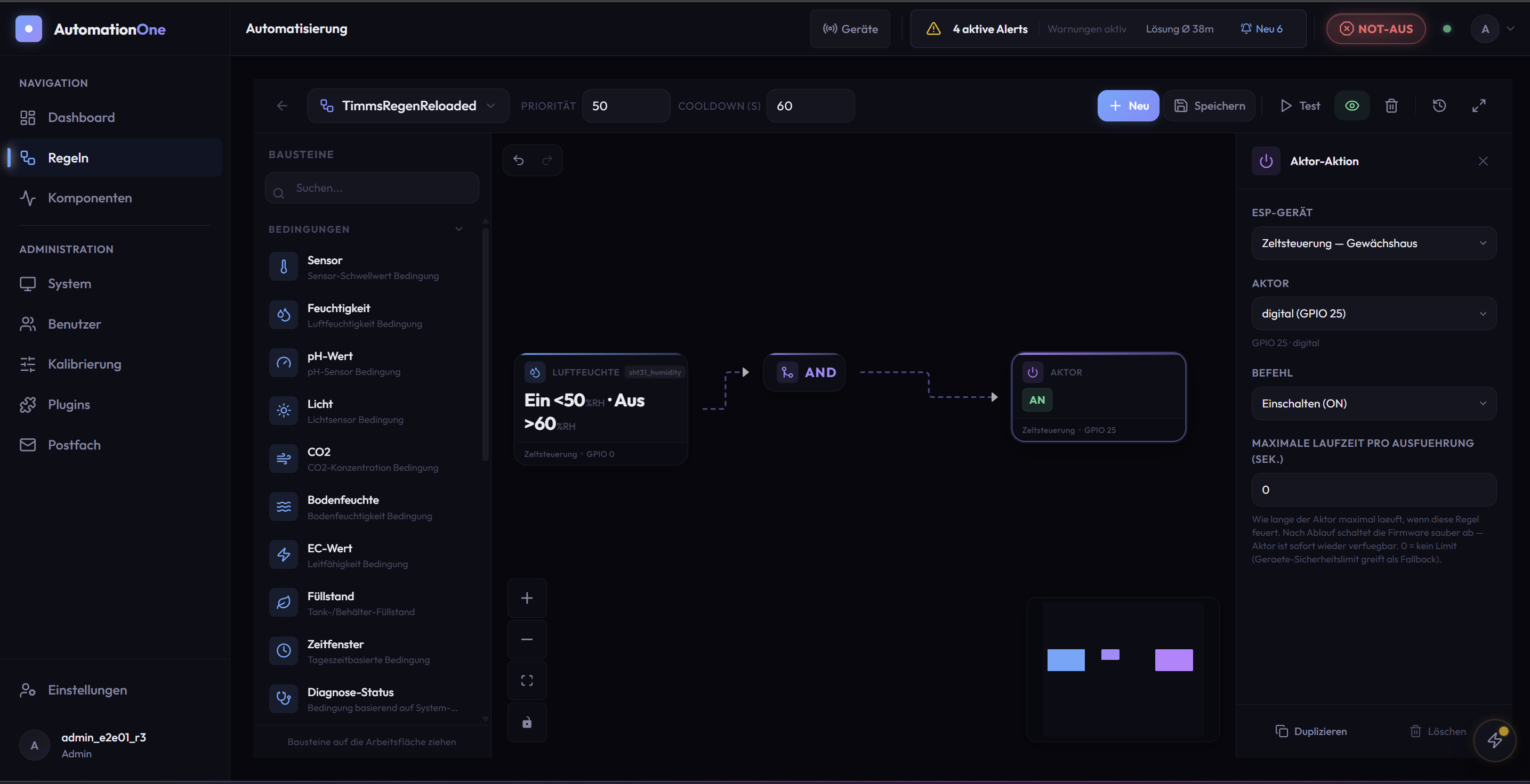 Visueller Regel-Editor mit Bedingungen und Aktor-Aktion